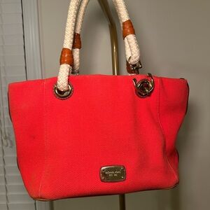 Michael Kors Red Canvas Tote with Rope Handles and Gold Hardware